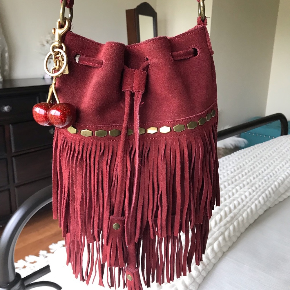 Lucky Brand Suede Leather Fringe Drawstring Bucket Crossbody Bag, Wine Red